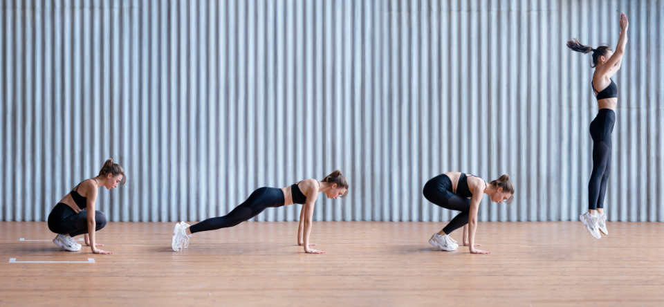 4 stills on woman doing each position of a burpee