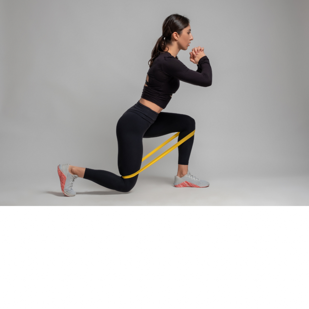 Woman doing lunge from side with elastic band
